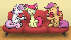 Size: 1600x900 | Tagged: safe, artist:topgull, character:apple bloom, character:scootaloo, character:sweetie belle, species:earth pony, species:pegasus, species:pony, species:unicorn, g4, bad singing, couch, cutie mark crusaders, female, filly, karaoke, microphone, sitting, wallpaper