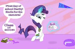 Size: 3201x2071 | Tagged: safe, artist:westernciv, character:opalescence, character:rarity, 2005, book, bow, bracelet, braces, brush, cat, comb, cute, dialogue, high school, highschool, kitten, magic, necklace, peace, peace symbol, picture, school, speech bubble, telekinesis, text, younger