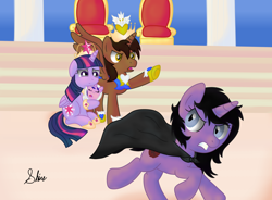 Size: 3264x2398 | Tagged: safe, artist:shiverbear, character:twilight sparkle, character:twilight sparkle (alicorn), oc, oc:courageous heart, oc:grenadier apple, oc:starlight, parent:oc:courageous heart, parent:twilight sparkle, parents:canon x oc, self insert, species:alicorn, species:pony, alicorn oc, banished, canon x oc, cape, clothing, commission, crying, donut steel, family, foal, mama twilight, offspring