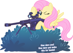 Size: 2625x1935 | Tagged: safe, artist:maishida, character:fluttershy, species:pegasus, species:pony, barrett, bipedal, bush, female, flutterbadass, gun, hooves, m82a3, mare, one eye closed, optical sight, rifle, simple background, sniper, sniper rifle, snipershy, solo, spread wings, text, transparent background, weapon, wings