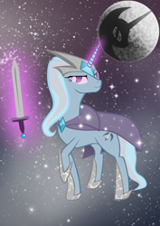 Size: 990x1401 | Tagged: safe, artist:giuliabeck, character:trixie, species:pony, species:unicorn, g4, alternate cutie mark, cape, clothing, corrupted, female, levitation, magic, mare, moon, nightmare trixie, nightmarified, slit eyes, solo, stars, sword, telekinesis, trixie's cape, weapon