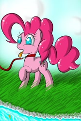 Size: 1200x1800 | Tagged: safe, artist:kinkyspree, character:pinkie pie, species:earth pony, species:pony, collar, female, grass, leash, mare, no pupils, pet play, raised hoof, solo, tongue out