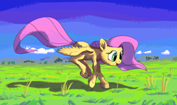 Size: 1888x1121 | Tagged: safe, artist:danielpon, character:fluttershy, female, flying, grass, solo, spread wings, wings