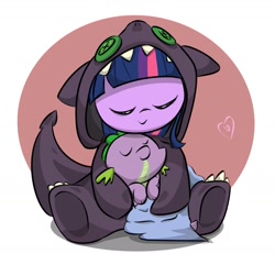 Size: 1661x1536 | Tagged: safe, artist:melodenesa, character:spike, character:twilight sparkle, species:dragon, baby, baby dragon, baby spike, blanket, button, button eyes, clothing, costume, cute, eyes closed, female, filly, filly twilight sparkle, hug, male, mama twilight, spikabetes, spikelove, twiabetes, weapons-grade cute, younger