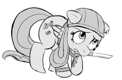 Size: 541x355 | Tagged: safe, artist:naterrang, character:fluttershy, female, gangsta, hug life, knife, monochrome, mouth hold, solo
