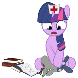 Size: 2308x2308 | Tagged: safe, artist:manateemckenzie, character:smarty pants, character:twilight sparkle, character:twilight sparkle (unicorn), species:pony, species:unicorn, g4, book, cpr, crying, doll, feels, female, filly, first aid, foal, high res, nurse, simple background, sitting, solo, toy, transparent background, younger