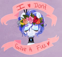 Size: 1280x1168 | Tagged: safe, artist:techtechno, character:rarity, alternate hairstyle, banner, choker, collar, dissonant caption, eyes closed, female, floral head wreath, flower, headdress, heart, jewel, jewelry, makeup, no fucks, old banner, pretty, profile, short hair, solo, text, thick eyebrows, vulgar