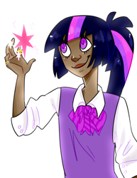 Size: 900x1165 | Tagged: safe, artist:ellamred, character:twilight sparkle, species:human, cutie mark, dark skin, female, humanized, ponytail, ring, solo, sweater vest