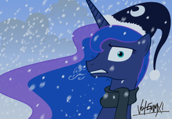 Size: 1000x692 | Tagged: dead source, safe, artist:equestria-election, character:princess luna, cap, clothing, cold, female, freezing, hat, scarf, shivering, snow, snowfall, solo