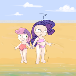 Size: 3000x3000 | Tagged: dead source, safe, artist:tkc, character:rarity, character:sweetie belle, species:human, beach, belly button, chibi, cold, female, humanized, light skin, one-piece swimsuit, swimsuit, wet
