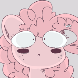 Size: 1000x1000 | Tagged: safe, artist:strabarybrick, character:pinkie pie, :<, blush sticker, blushing, female, frown, gray background, looking at you, portrait, simple background, solo, sweat, wide eyes, woonoggles