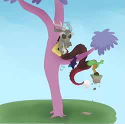 Size: 911x903 | Tagged: safe, artist:blastdown, character:discord, species:draconequus, episode:three's a crowd, g4, my little pony: friendship is magic, arm behind head, blue background, eyes closed, male, simple background, sitting in a tree, solo, thinking tree, tree
