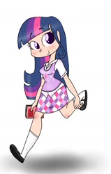Size: 1100x1730 | Tagged: safe, artist:mcnuggyy, character:twilight sparkle, species:human, g4, book, clothing, female, humanized, pointed breasts, simple background, skirt, solo