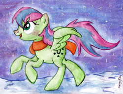Size: 1307x999 | Tagged: safe, artist:nancyksu, species:pegasus, species:pony, clothing, cloud, female, looking up, lucky dreams, mare, night, open mouth, scarf, solo, spread wings, starry night, traditional art, trotting, windswept mane, wings, winter