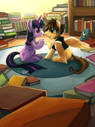 Size: 2710x3615 | Tagged: safe, artist:r0b0tassassin, character:twilight sparkle, book, commission, eye contact, golden oaks library, kingdom hearts, kingdom hearts of harmony, library, ponified, sitting, smiling, sora, spread wings, twilight sorakle, wings