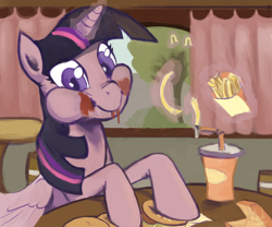 Size: 1200x1000 | Tagged: safe, artist:kheltari, character:twilight sparkle, character:twilight sparkle (alicorn), species:alicorn, species:pony, episode:twilight time, g4, my little pony: friendship is magic, aweeg*, drink, female, hay burger, hay fries, ketchup, looking at you, mare, messy, messy eating, puffy cheeks, scene interpretation, smiling, solo, that pony sure does love burgers, twilight burgkle