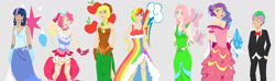 Size: 1600x472 | Tagged: safe, artist:alanystrife, artist:ellamred, character:applejack, character:fluttershy, character:pinkie pie, character:rainbow dash, character:rarity, character:spike, character:twilight sparkle, species:human, bow tie, clothing, dress, evening gloves, gala dress, gloves, humanized, mane seven, mane six, suit