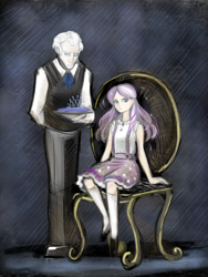 Size: 2087x2777 | Tagged: safe, artist:dzetawmdunion, character:diamond tiara, species:human, arm behind back, chair, humanized, jewelry, looking at you, randolph, serving tray, sitting, tiara