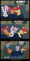 Size: 1980x3950 | Tagged: dead source, safe, artist:naterrang, character:apple bloom, character:rainbow dash, character:scootaloo, character:sweetie belle, species:earth pony, species:pegasus, species:pony, species:unicorn, g4, blanket, cold, comic, couch, cutie mark crusaders, female, filly, hot water bottle, mare, onomatopoeia, photoshop, scootalove, sick, sleeping, sound effects, thermometer, wet mane, zzz