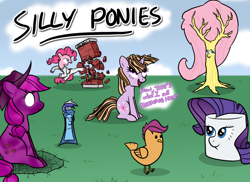 Size: 1100x800 | Tagged: safe, artist:kymsnowman, character:applejack, character:fluttershy, character:minuette, character:pinkie pie, character:rarity, character:scootaloo, character:twilight sparkle, character:twilight sparkle (unicorn), species:chicken, species:pony, species:unicorn, episode:bridle gossip, episode:green isn't your color, episode:hurricane fluttershy, episode:over a barrel, episode:stare master, g4, my little pony: friendship is magic, alternate hairstyle, bacon, bacon hair, breaking the fourth wall, dark matter, dark matter applejack, dendrification, female, fluttertree, fourth wall, karate, mare, marshmallow, rarity is a marshmallow, scootachicken, silly, silly pony, species swap, toothpaste, tree, wat