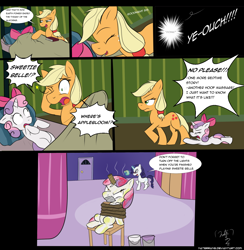 Size: 1400x1433 | Tagged: dead source, safe, artist:naterrang, character:apple bloom, character:applejack, character:rarity, character:sweetie belle, episode:somepony to watch over me, g4, my little pony: friendship is magic, bed, bedtime story, bound, bow, comic, duct tape, fake horn, missing accessory, paint, paint in hair, paint on fur, swap, swapping, switch, toilet paper roll, unsexy bondage