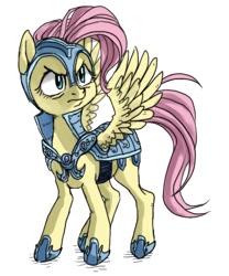 Size: 450x540 | Tagged: dead source, safe, artist:bikkisu, character:fluttershy, species:pegasus, species:pony, armor, female, frown, helmet, simple background, solo, spread wings, white background, wings