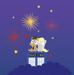Size: 500x502 | Tagged: safe, artist:daieny, character:derpy hooves, character:doctor whooves, character:time turner, species:pegasus, species:pony, ship:doctorderpy, cute, female, fireworks, male, mare, new year, shipping, straight