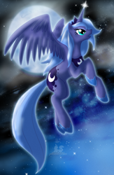Size: 850x1300 | Tagged: safe, artist:thepipefox, character:princess luna, female, flying, moon, s1 luna, solo