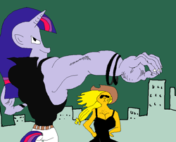 Size: 778x633 | Tagged: safe, artist:ciircuit, character:applejack, character:twilight sparkle, galo sengen, muscles, quality, stylistic suck, twilight muscle