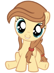 Size: 424x567 | Tagged: safe, artist:avisola, oc, oc only, oc:cream heart, species:earth pony, species:pony, cute, female, filly, foal, grin, hooves, looking at you, simple background, sitting, smiling, solo, teeth, text, white background, younger