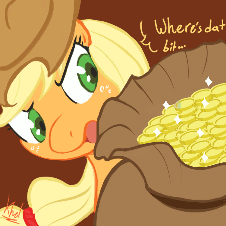 Size: 750x750 | Tagged: safe, artist:kheltari, character:applejack, species:pony, episode:leap of faith, g4, my little pony: friendship is magic, animated, applejack lost or spent the bit, bag, bits, brown background, dialogue, female, mare, money, neon's bit, pile, scene parody, simple background, solo, sparkles