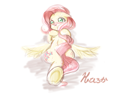 Size: 1600x1200 | Tagged: safe, artist:haruno hiroka, character:fluttershy, species:pegasus, species:pony, abstract background, blushing, covering, crying, cutie mark, eyebrows, eyelashes, female, floppy ears, green eyes, open mouth, pink mane, pixiv, solo, tail covering, underhoof, wings