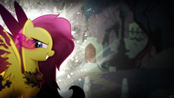 Size: 1920x1080 | Tagged: safe, artist:amoagtasaloquendo, artist:rainbownspeedash, character:fluttershy, castle, corrupted, element of kindness, evil, female, glowing eyes, ruins, shadow, solo, sombra eyes, vector, wallpaper