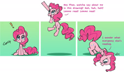 Size: 2325x1350 | Tagged: safe, artist:yikomega, character:pinkie pie, breaking the fourth wall, comic, dialogue