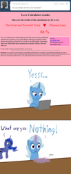Size: 528x1280 | Tagged: safe, artist:tootootaloo, character:princess luna, character:trixie, ship:luxie, ask, ask princess luna, comic, computer, female, lesbian, love calculator, shipping, tumblr