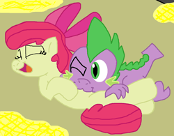 Size: 1390x1082 | Tagged: safe, artist:tagman007, character:apple bloom, character:spike, ship:spikebloom, female, male, raspberry, shipping, straight, tickling, tummy buzz