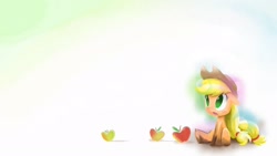 Size: 1920x1080 | Tagged: safe, artist:yikomega, character:applejack, apple, female, filly, sitting, solo, wallpaper, younger