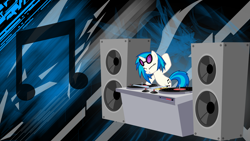 Size: 2560x1440 | Tagged: safe, artist:huskyfan, artist:m99moron, edit, character:dj pon-3, character:vinyl scratch, species:pony, species:unicorn, abstract background, cutie mark, eyes closed, female, glasses, mare, music notes, solo, sunglasses, turntable, vector, wallpaper, wallpaper edit