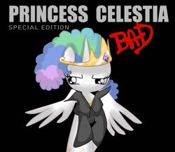 Size: 850x739 | Tagged: safe, artist:strabarybrick, character:princess celestia, :c, afro, album cover, clothing, female, frolestia, frown, glare, jacket, michael jackson, parody, solo, spread wings, wings
