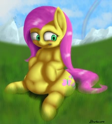 Size: 851x939 | Tagged: safe, artist:php33, character:fluttershy, belly button, embarrassed, fat, fattershy, female, plot, scenery, solo, weight gain
