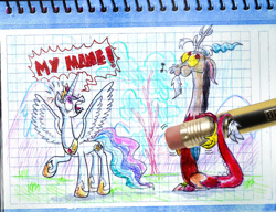Size: 1156x888 | Tagged: safe, artist:seriousdog, character:discord, character:princess celestia, bald, discord being discord, fourth wall, pencil, pencil drawing, photo, this will end in petrification, traditional art, whistling