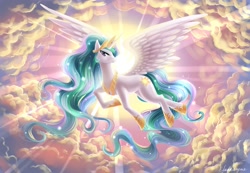 Size: 2124x1474 | Tagged: safe, artist:fantazyme, character:princess celestia, beautiful, cloud, crepuscular rays, female, flying, smiling, solo, spread wings, sun, wings