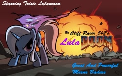 Size: 600x375 | Tagged: safe, artist:yikomega, edit, character:trixie, species:pony, species:unicorn, cover, doom, female, mare, solo