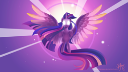 Size: 2560x1440 | Tagged: safe, artist:creamy_roux, character:twilight sparkle, character:twilight sparkle (alicorn), species:alicorn, species:pony, big wings, female, glowing eyes, mare, rainbow power, solo, wings