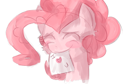 Size: 1500x1000 | Tagged: safe, artist:strabarybrick, character:pinkie pie, blushing, colored, colored sketch, cute, diapinkes, eyes closed, female, heart, i love you, love letter, mouth hold, simple background, sketch, smiling, solo, transparent background, valentine, valentine's day