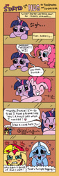 Size: 522x1528 | Tagged: safe, artist:foxgirlkira, character:pinkie pie, character:sunset shimmer, character:trixie, character:twilight sparkle, species:pony, ship:sunsetsparkle, ship:twixie, :t, angry, blushing, comic, crying, cute, drool, eyes closed, female, floppy ears, frown, grin, gritted teeth, happy, heart, hug, implied lesbian, implied shipping, implied sunsetsparkle, implied twixie, it started with a hug, jealous, leaning, lesbian, open mouth, sad, shipping, smiling, surprised, thought bubble, wavy mouth