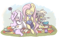 Size: 1539x984 | Tagged: safe, artist:melodenesa, character:discord, character:fluttershy, character:princess celestia, character:princess luna, age regression, angry, blushing, cewestia, clothing, cookie, cute, eating, filly, food, picnic, raspberry, scarf, tongue out, woona, younger