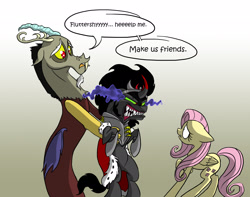 Size: 2126x1679 | Tagged: safe, artist:assassin-or-shadow, character:discord, character:fluttershy, character:king sombra, species:pony, cute, dialogue, holding a pony, simple background, sombradorable, speech bubble