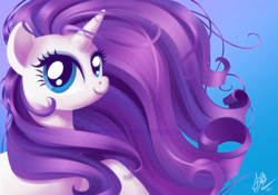 Size: 929x649 | Tagged: safe, artist:creamy_roux, character:rarity, species:pony, species:unicorn, alternate hairstyle, bust, female, gradient background, hairity, long hair, long mane, looking up, mare, raised hoof, signature, simple background, smiling, solo, watermark, windswept mane