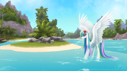 Size: 2560x1440 | Tagged: safe, artist:creamy_roux, character:princess celestia, species:alicorn, species:pony, g4, female, flower, flower in hair, looking at you, mare, missing accessory, mountain, scenery, signature, smiling, solo, spread wings, standing, tree, tropical, wallpaper, water, wet mane, wings